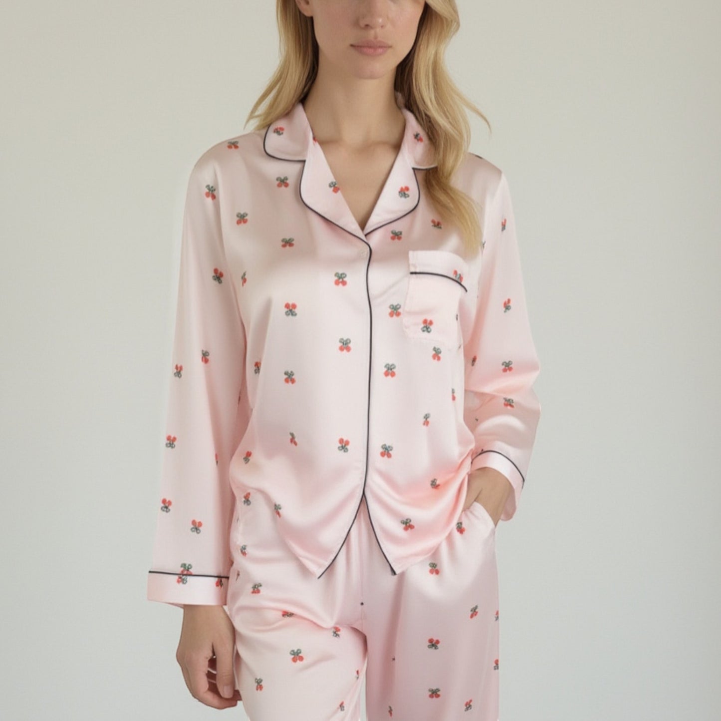 Lounge Women's Satin Long Sleeve Pajama Set with Mini Bow Print Button-Up Top and Chest Pocket