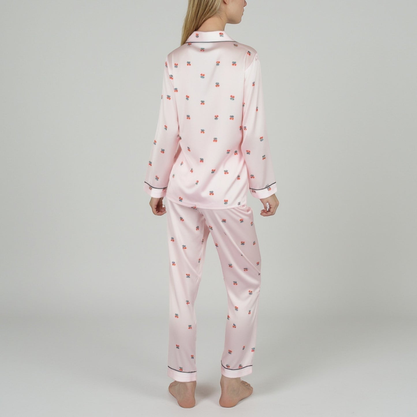 Lounge Women's Satin Long Sleeve Pajama Set with Mini Bow Print Button-Up Top and Chest Pocket