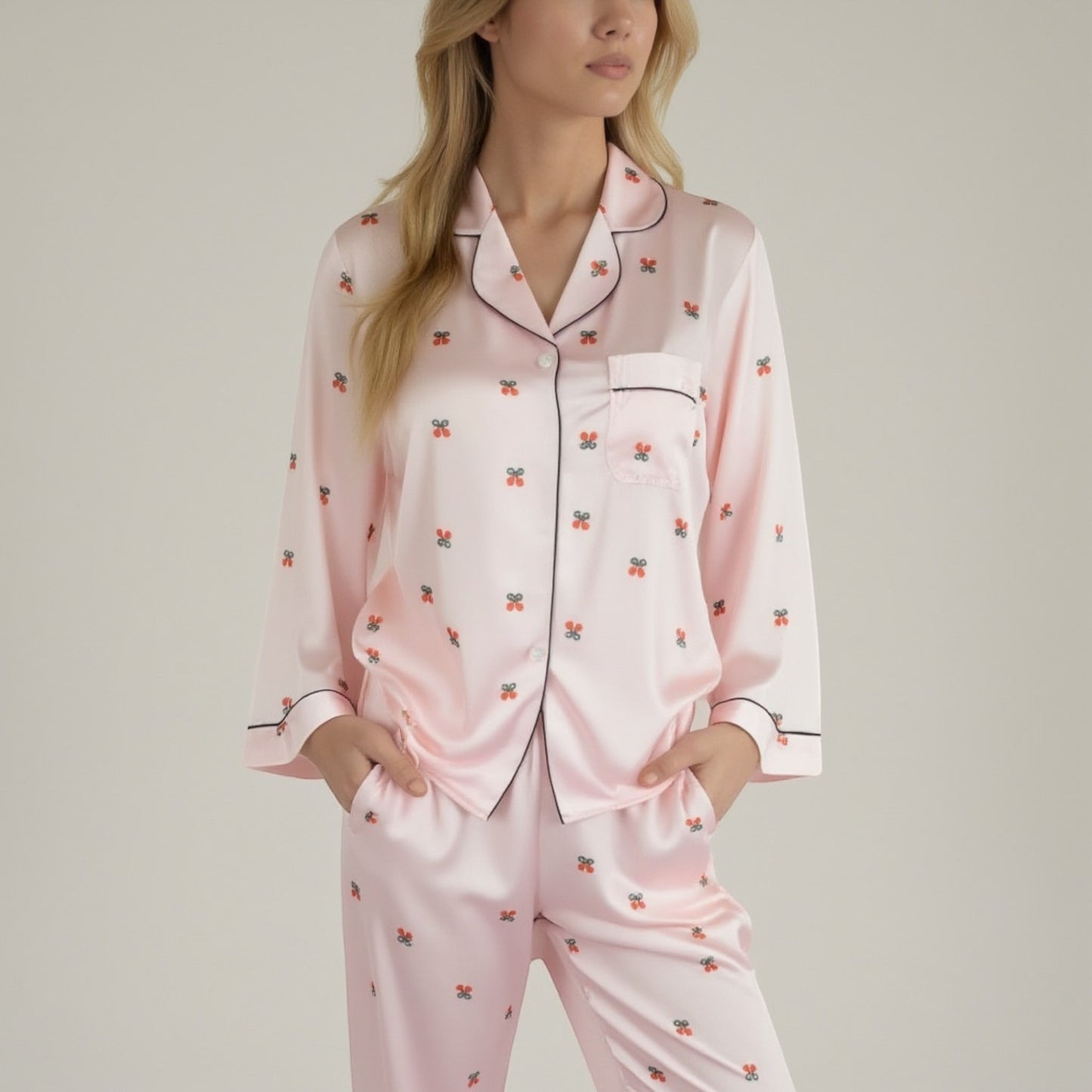 Lounge Women's Satin Long Sleeve Pajama Set with Mini Bow Print Button-Up Top and Chest Pocket