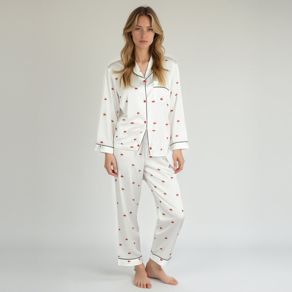 Lounge Women's Satin Long Sleeve Pajama Set with Mini Bow Print Button-Up Top and Chest Pocket