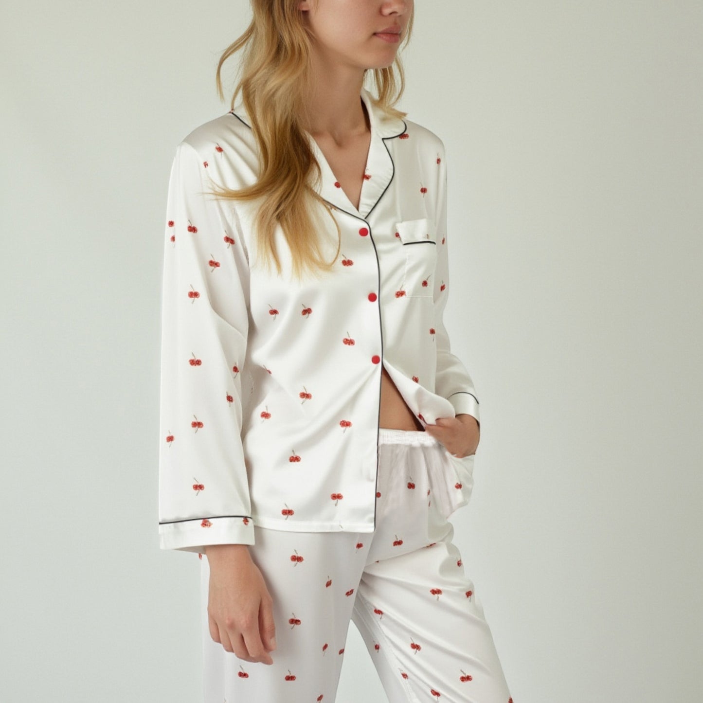 Lounge Women's Satin Long Sleeve Pajama Set with Mini Bow Print Button-Up Top and Chest Pocket