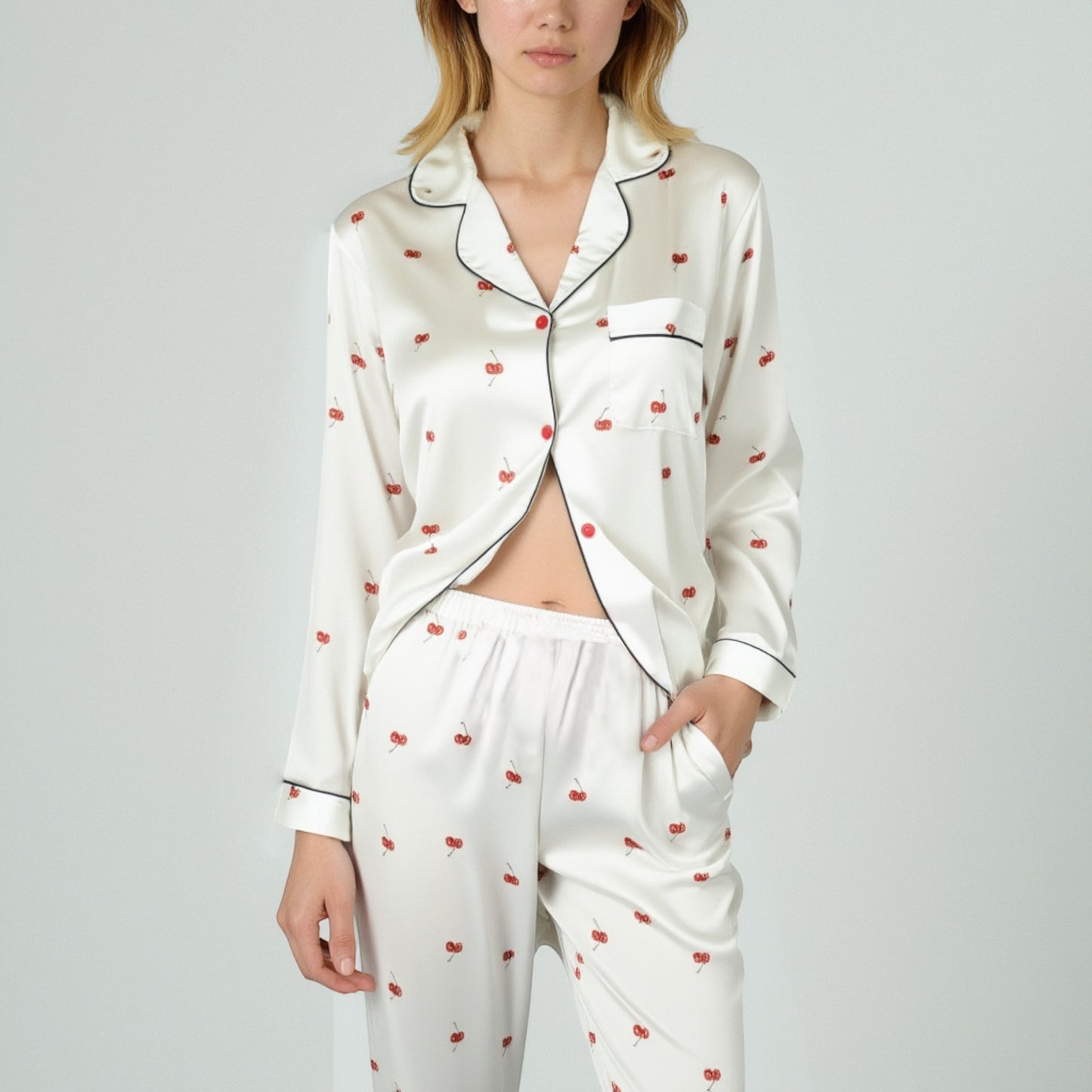 Lounge Women's Satin Long Sleeve Pajama Set with Mini Bow Print Button-Up Top and Chest Pocket