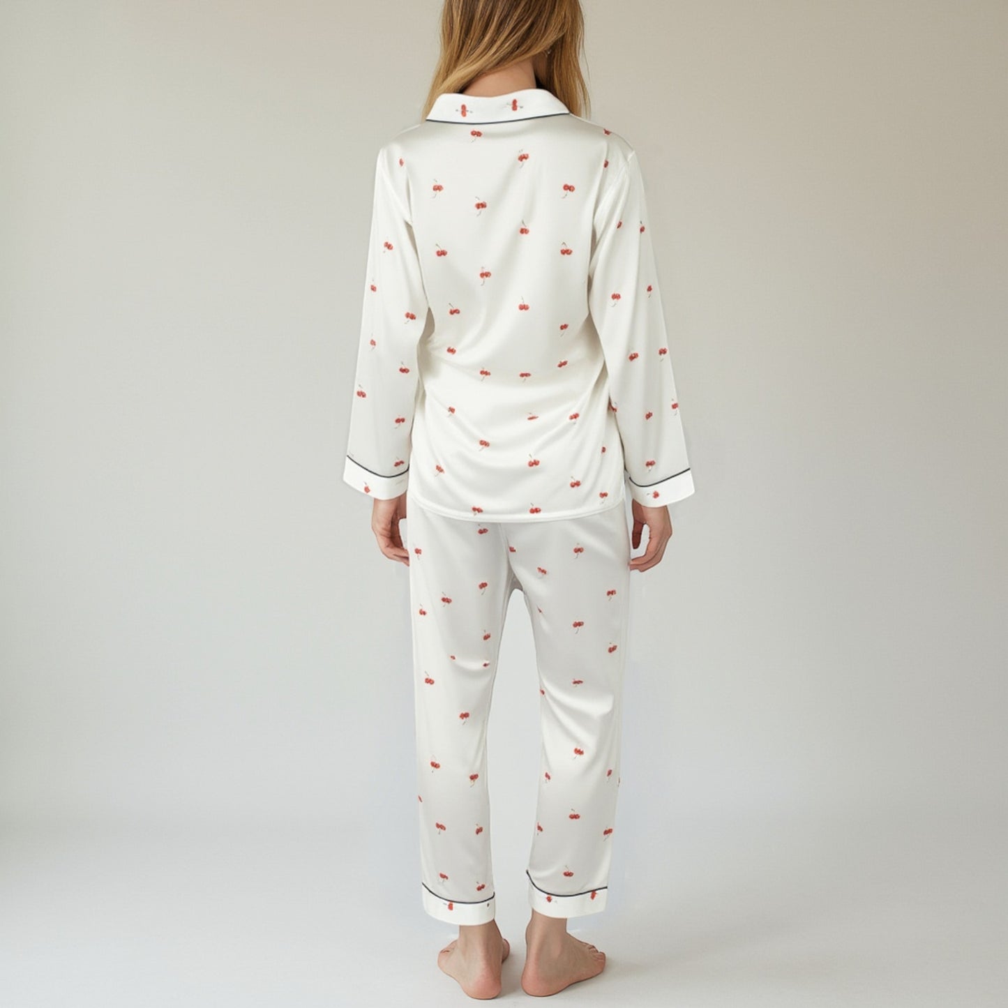 Lounge Women's Satin Long Sleeve Pajama Set with Mini Bow Print Button-Up Top and Chest Pocket