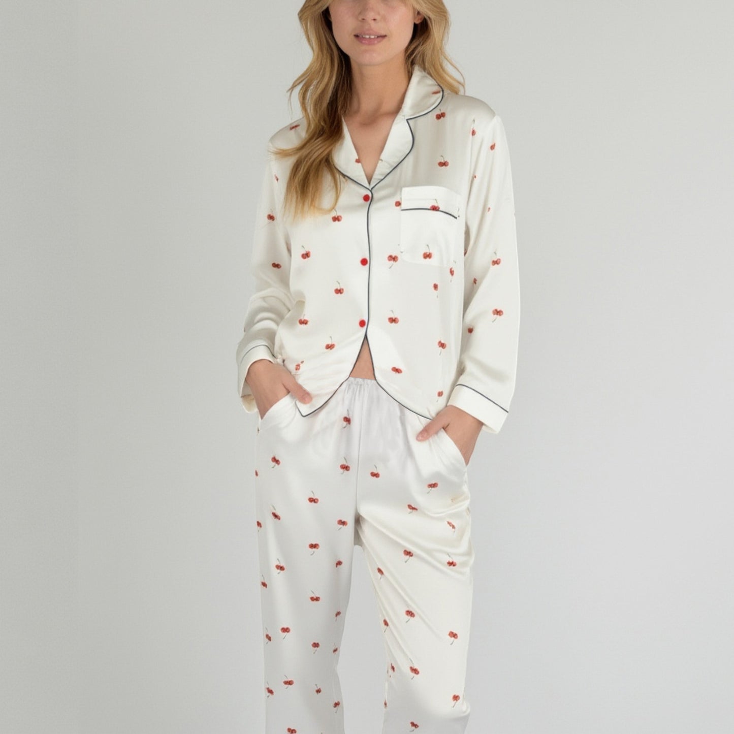 Lounge Women's Satin Long Sleeve Pajama Set with Mini Bow Print Button-Up Top and Chest Pocket