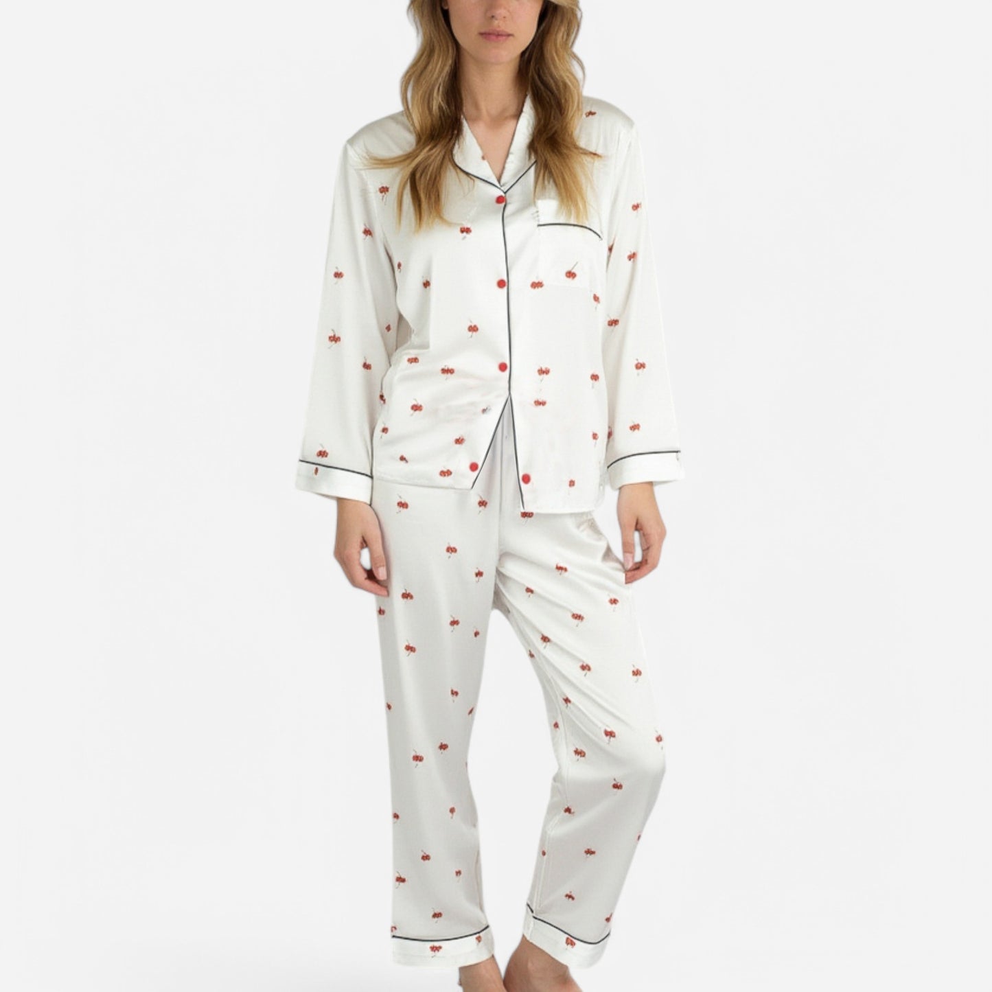 Lounge Women's Satin Long Sleeve Pajama Set with Mini Bow Print Button-Up Top and Chest Pocket