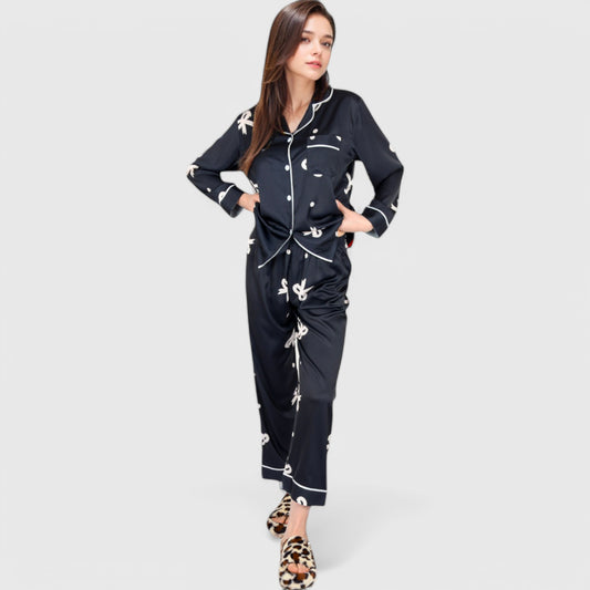 Lounge Women's Printed Satin Pajama Set with Button-Up Long Sleeve Top and Piping Detail