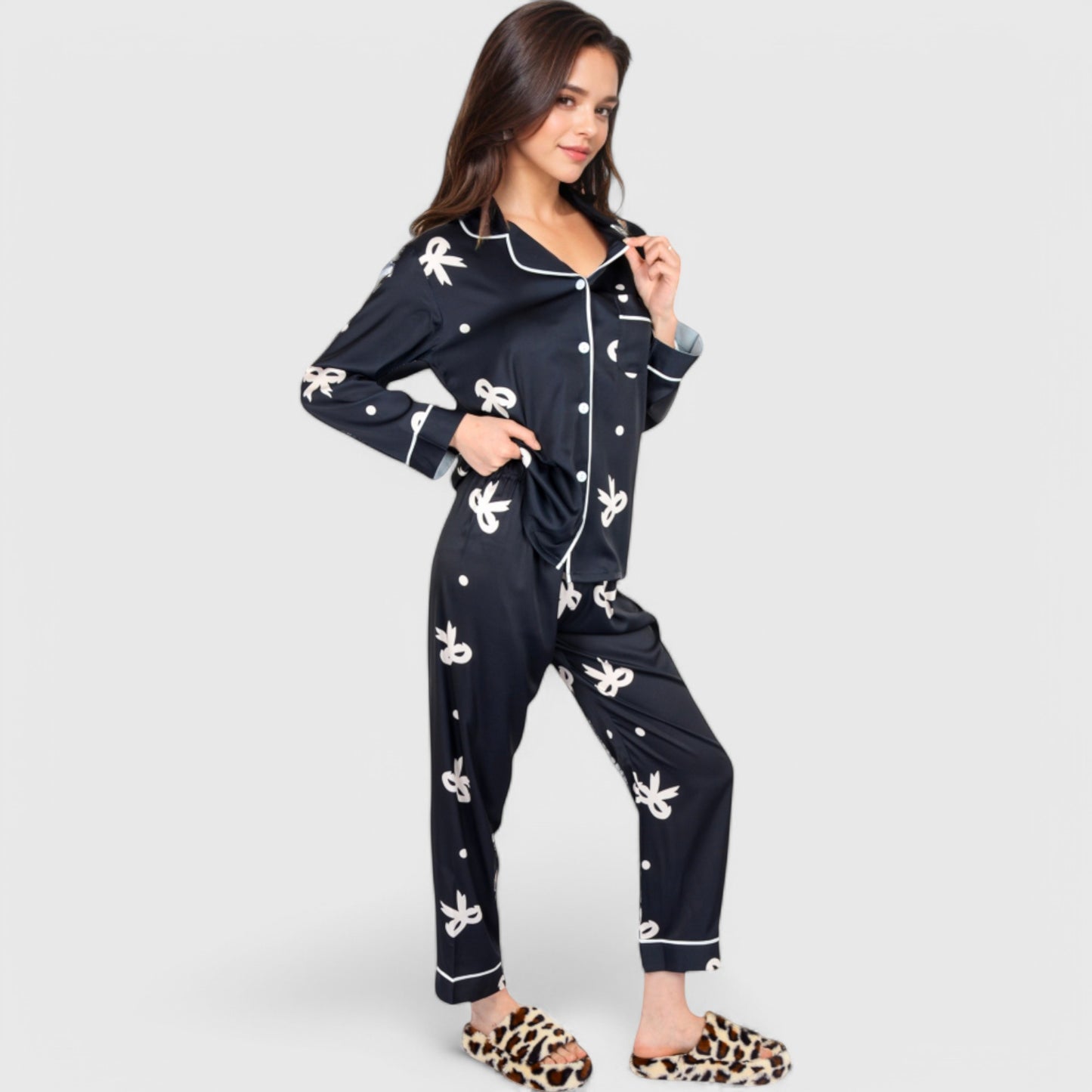 Lounge Women's Printed Satin Pajama Set with Button-Up Long Sleeve Top and Piping Detail