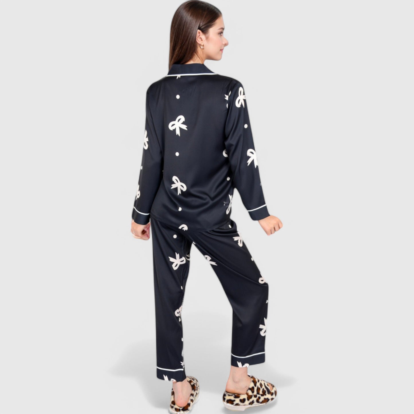 Lounge Women's Printed Satin Pajama Set with Button-Up Long Sleeve Top and Piping Detail