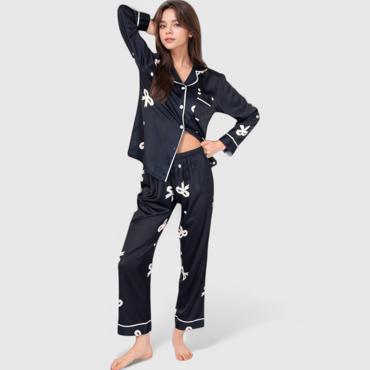 Lounge Women's Printed Satin Pajama Set with Button-Up Long Sleeve Top and Piping Detail