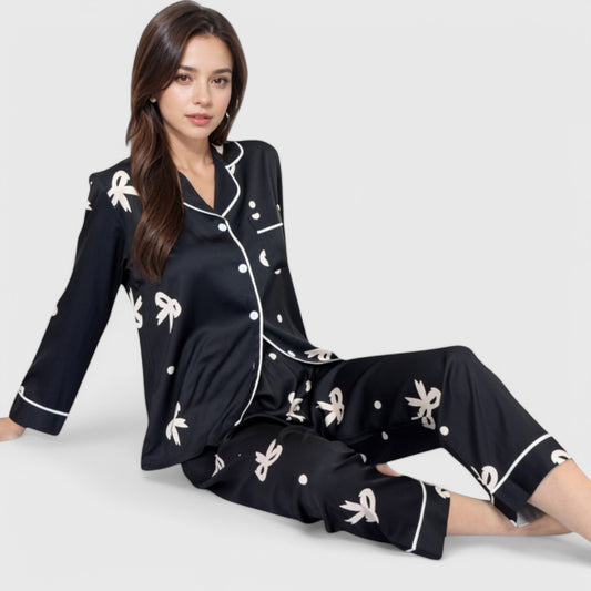 Lounge Women's Printed Satin Pajama Set with Button-Up Long Sleeve Top and Piping Detail