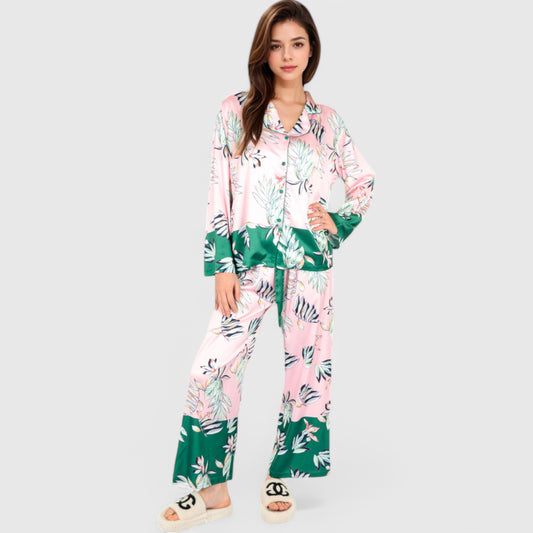 Lounge Women's Floral Satin Pajama Set with Button-Up Long Sleeve Top and Matching Pants