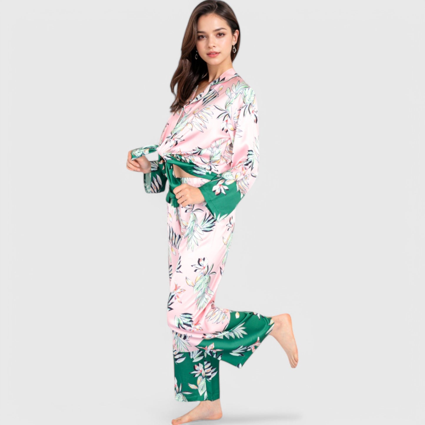 Lounge Women's Floral Satin Pajama Set with Button-Up Long Sleeve Top and Matching Pants
