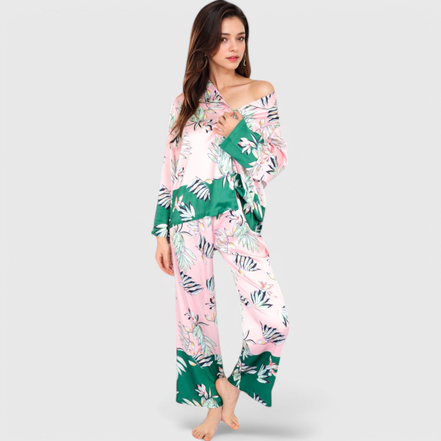 Lounge Women's Floral Satin Pajama Set with Button-Up Long Sleeve Top and Matching Pants