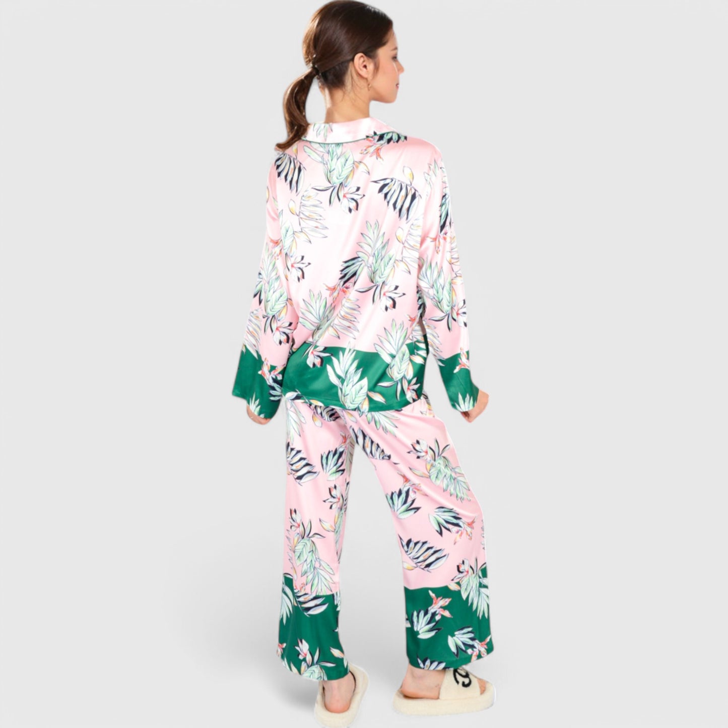 Lounge Women's Floral Satin Pajama Set with Button-Up Long Sleeve Top and Matching Pants