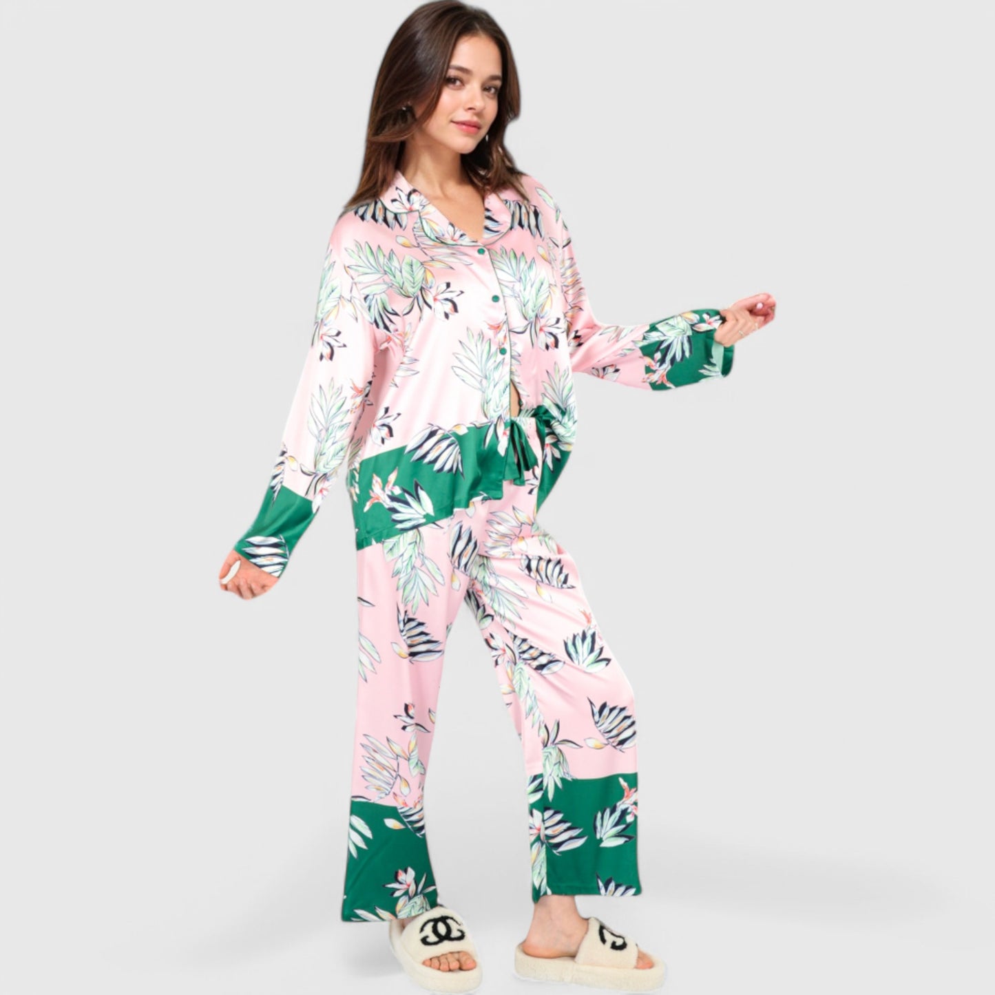 Lounge Women's Floral Satin Pajama Set with Button-Up Long Sleeve Top and Matching Pants