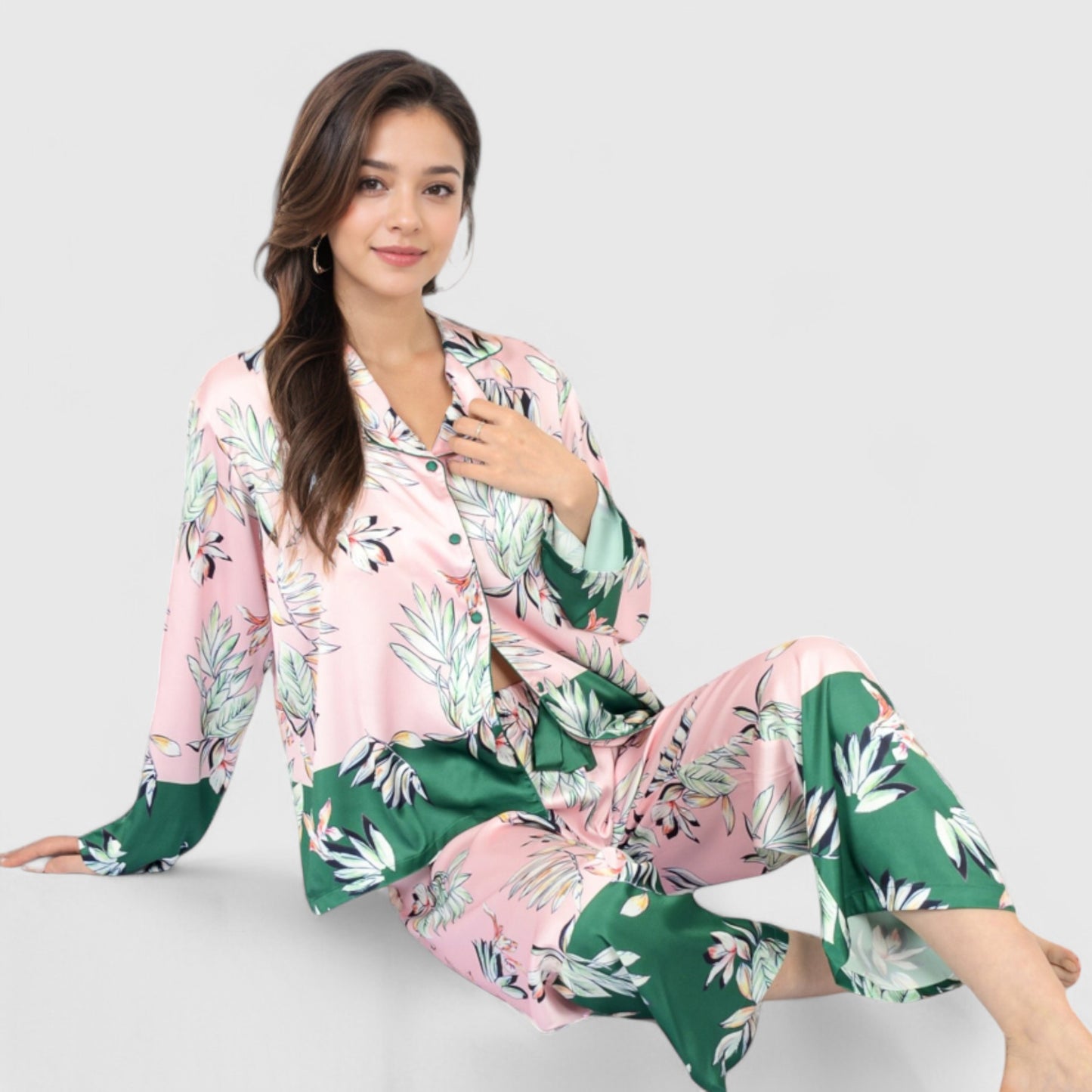 Lounge Women's Floral Satin Pajama Set with Button-Up Long Sleeve Top and Matching Pants