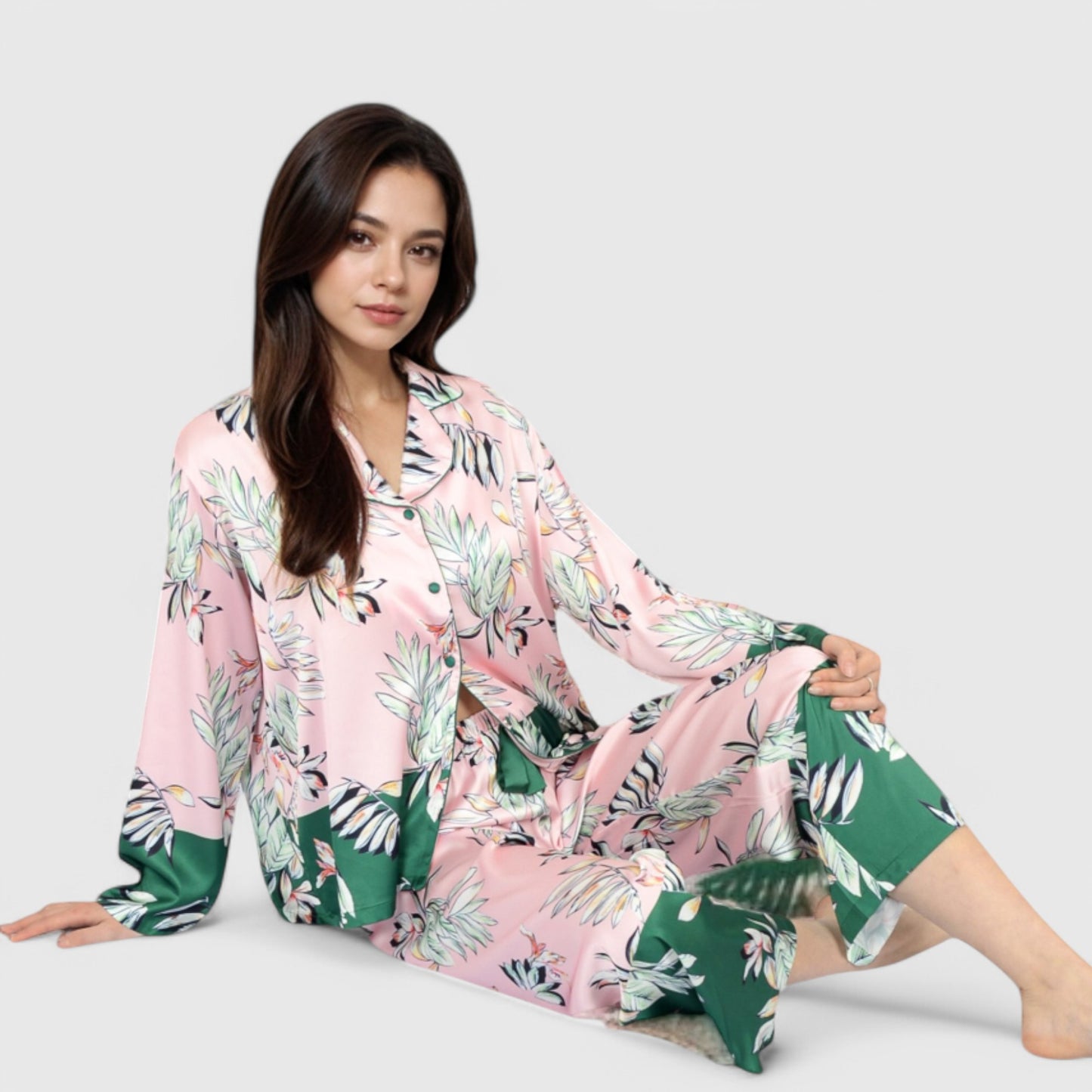 Lounge Women's Floral Satin Pajama Set with Button-Up Long Sleeve Top and Matching Pants