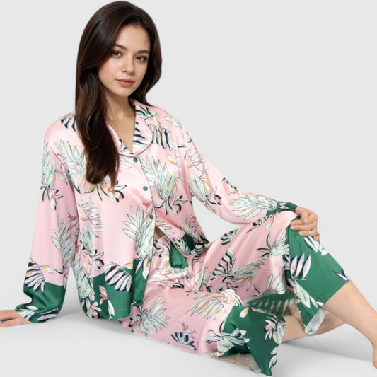Lounge Women's Floral Satin Pajama Set with Button-Up Long Sleeve Top and Matching Pants