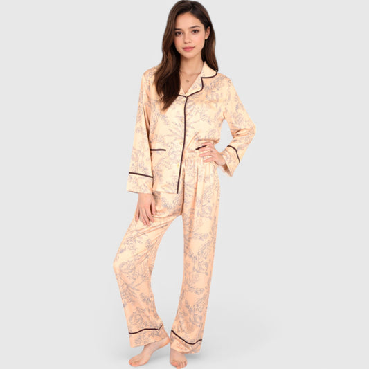 Lounge Women's Satin Pajama Set with Baroque Print Button-Up Top and Matching Pants