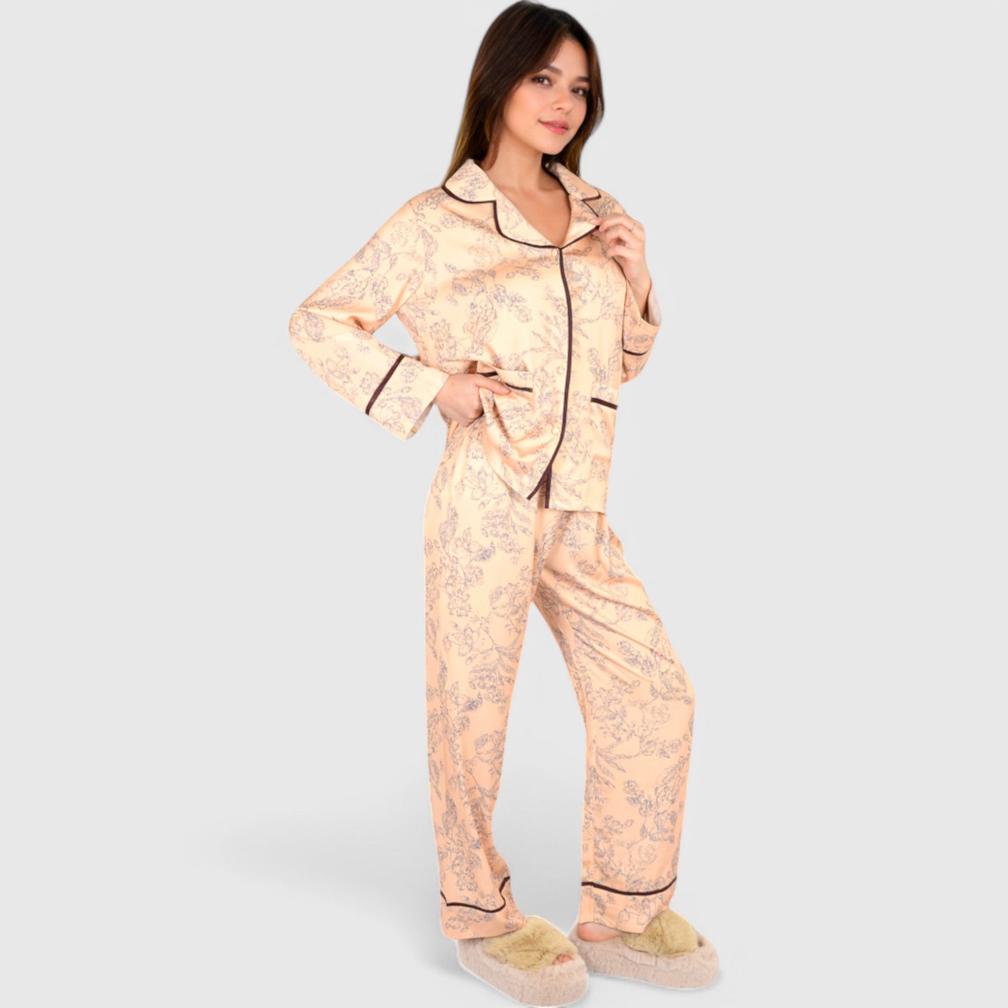 Lounge Women's Satin Pajama Set with Baroque Print Button-Up Top and Matching Pants