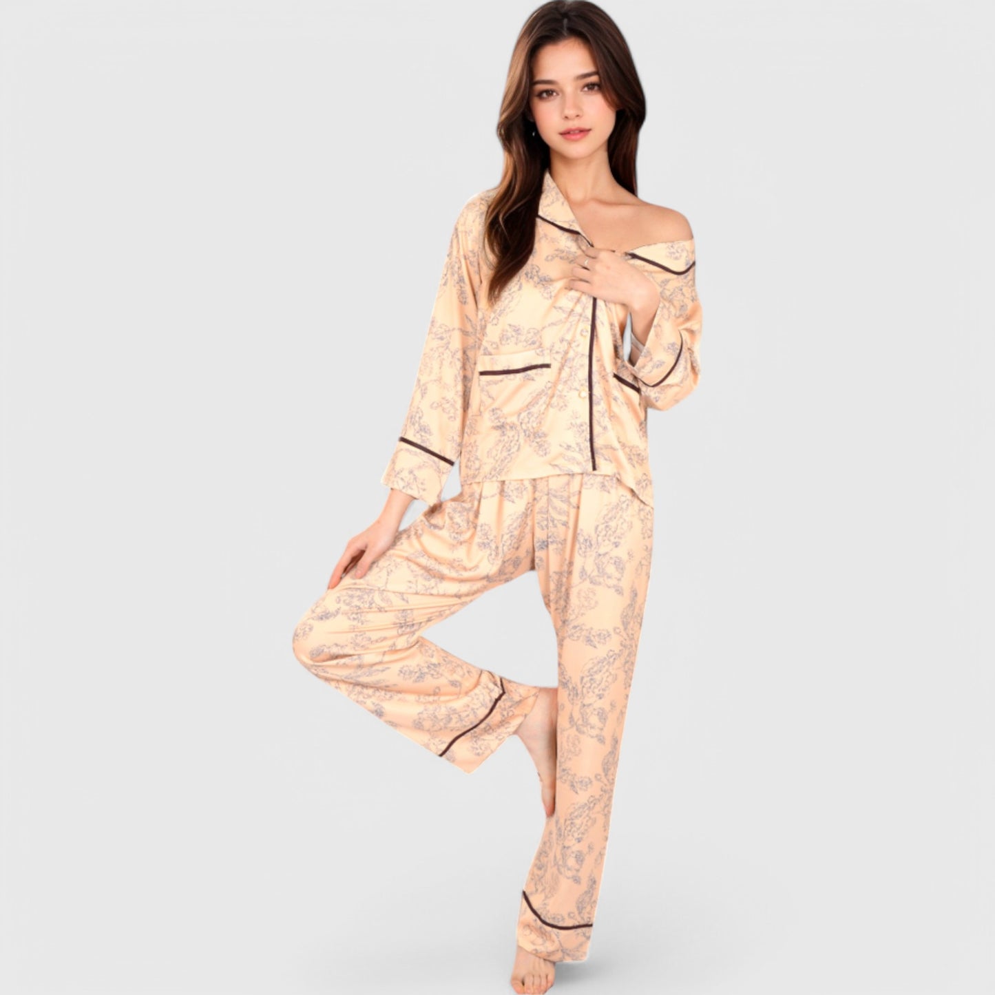 Lounge Women's Satin Pajama Set with Baroque Print Button-Up Top and Matching Pants