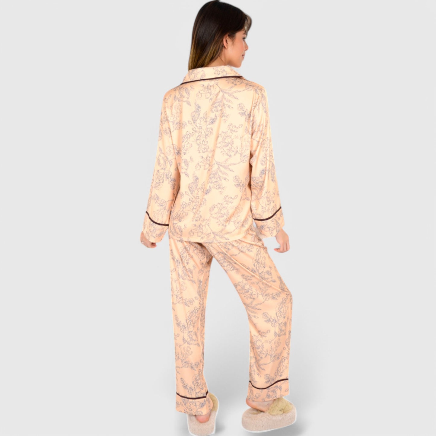 Lounge Women's Satin Pajama Set with Baroque Print Button-Up Top and Matching Pants