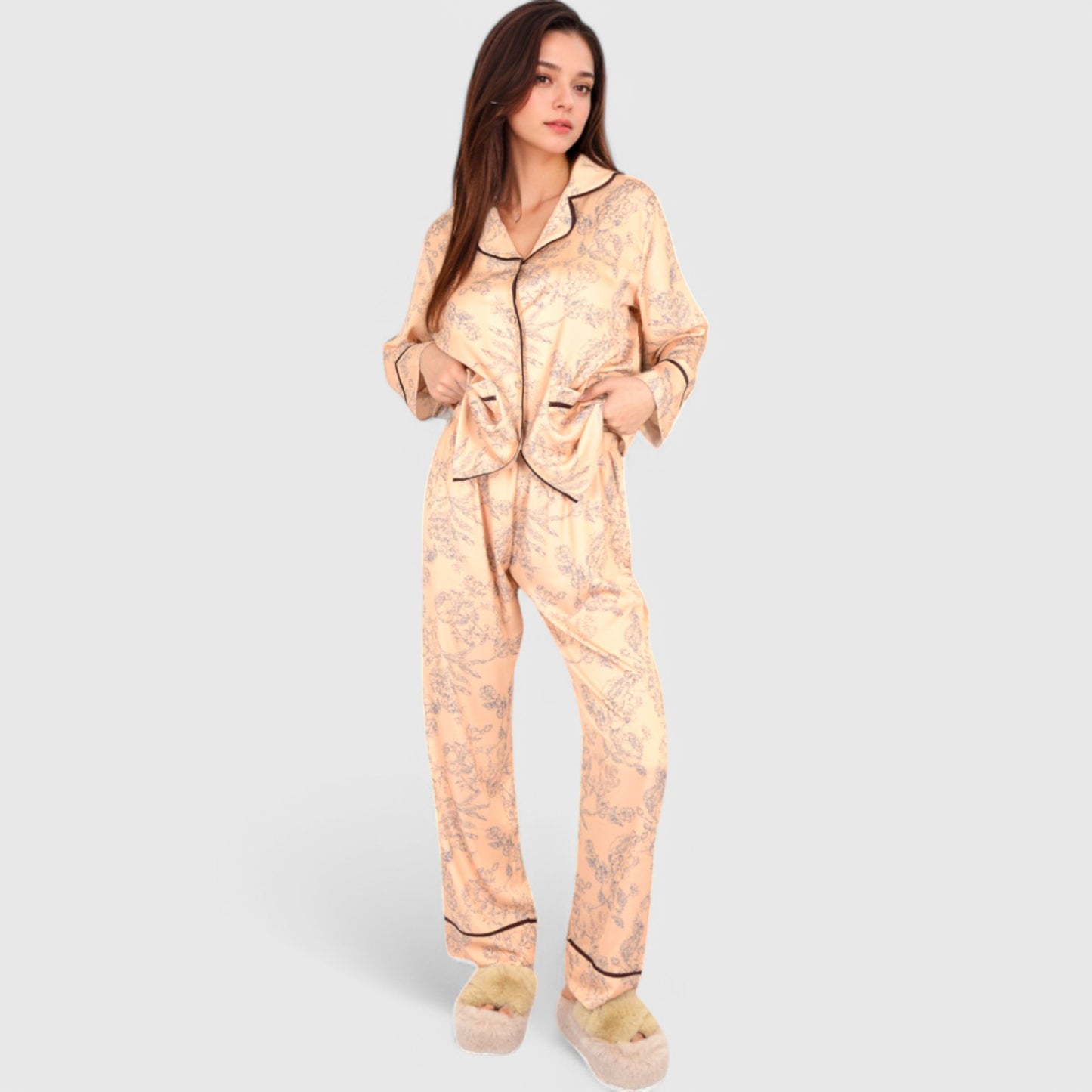 Lounge Women's Satin Pajama Set with Baroque Print Button-Up Top and Matching Pants