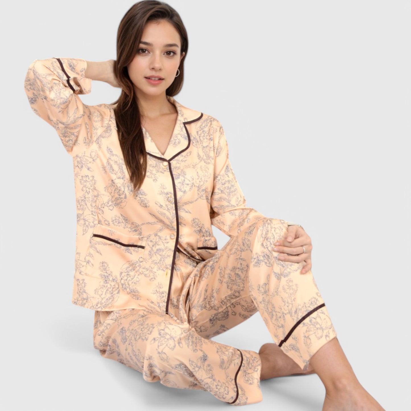 Lounge Women's Satin Pajama Set with Baroque Print Button-Up Top and Matching Pants