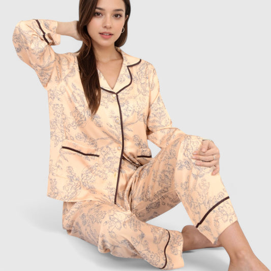 Lounge Women's Satin Pajama Set with Baroque Print Button-Up Top and Matching Pants