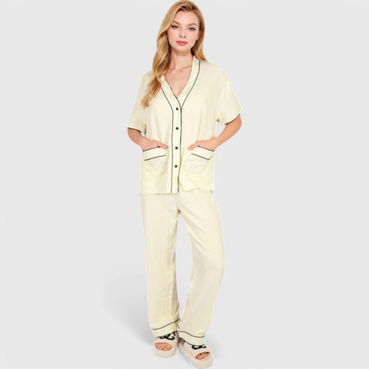 Lounge Women's Short Sleeve Button-Up Pajama Set with Contrast Piping and Front Pockets