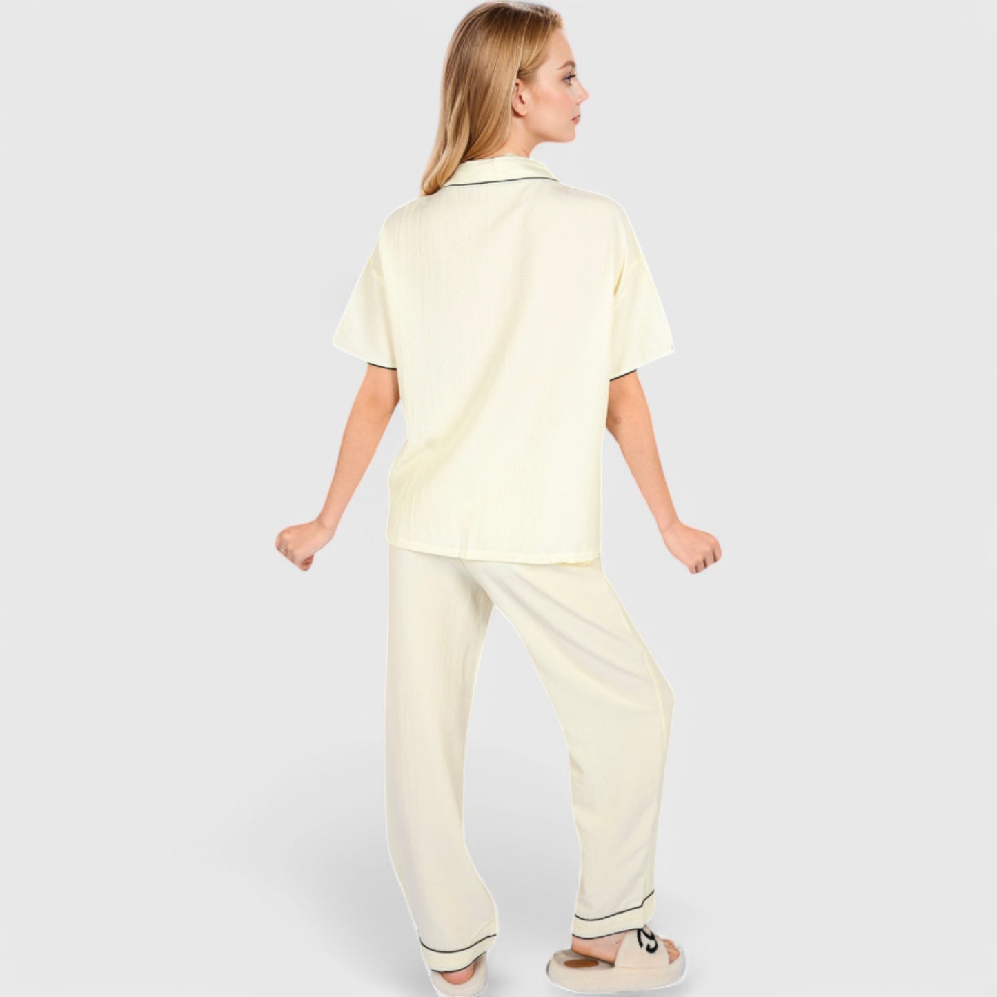 Lounge Women's Short Sleeve Button-Up Pajama Set with Contrast Piping and Front Pockets