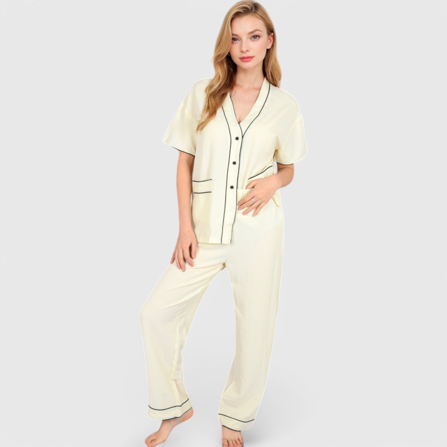 Lounge Women's Short Sleeve Button-Up Pajama Set with Contrast Piping and Front Pockets