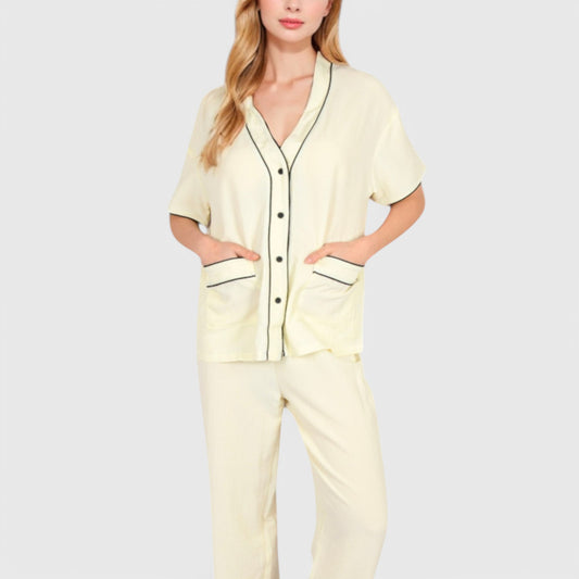 Lounge Women's Short Sleeve Button-Up Pajama Set with Contrast Piping and Front Pockets