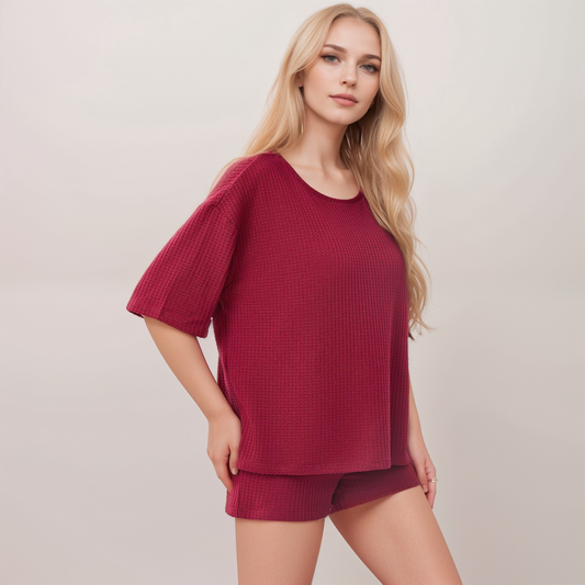 Lounge Women's Waffle Knit Short Sleeve Lounge Top and Shorts Set with Relaxed Fit