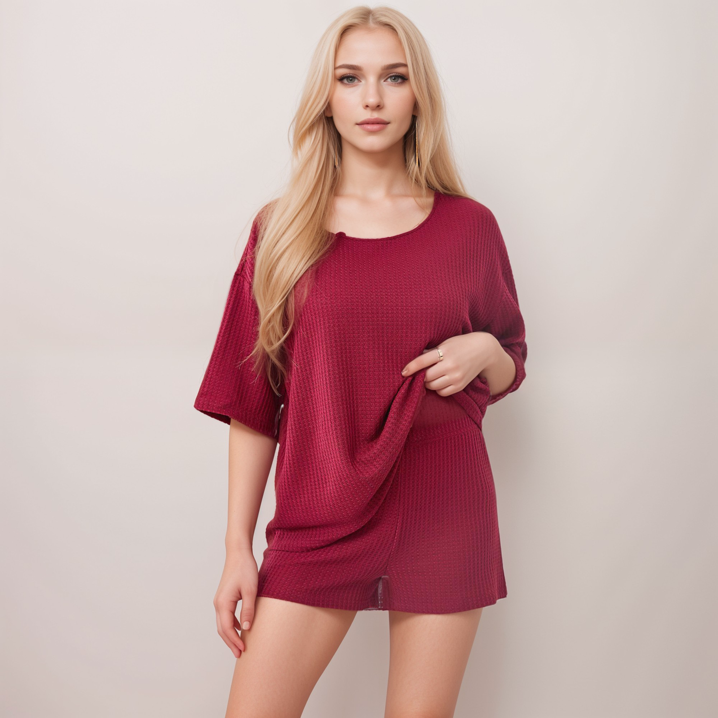 Lounge Women's Waffle Knit Short Sleeve Lounge Top and Shorts Set with Relaxed Fit