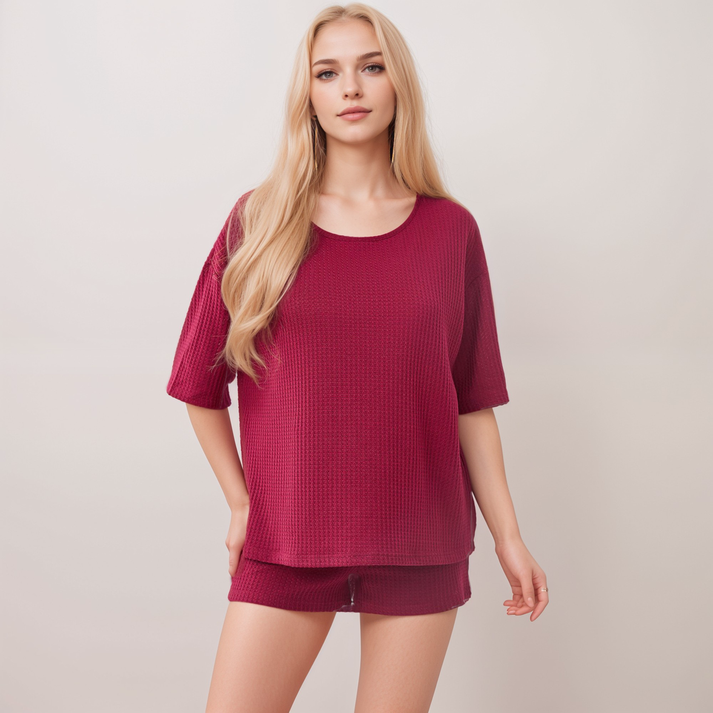 Lounge Women's Waffle Knit Short Sleeve Lounge Top and Shorts Set with Relaxed Fit