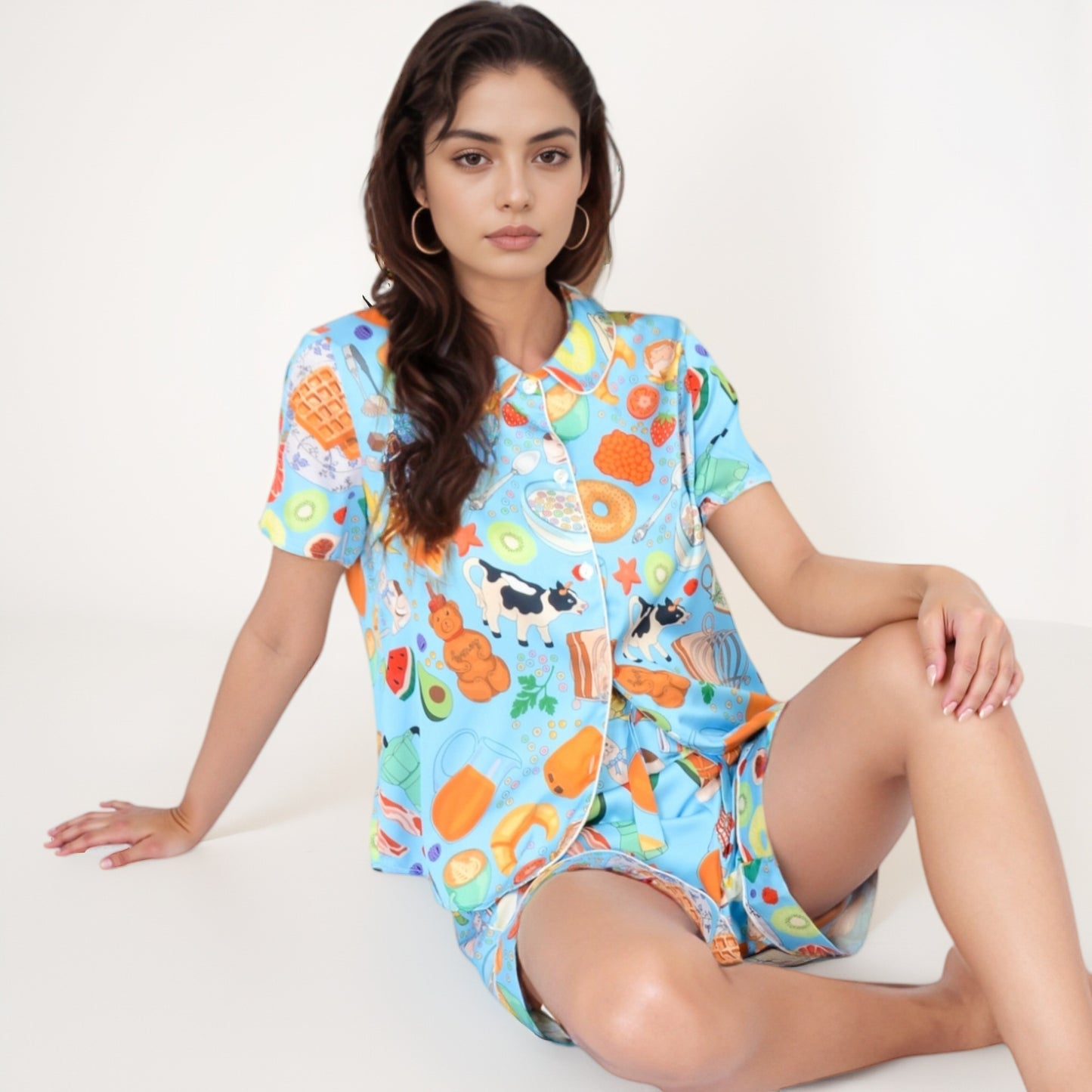 Breakfast Print Pajama Set with Short Sleeve Button-Up Top and Elastic Waist Shorts Two-Piece Sleepwear