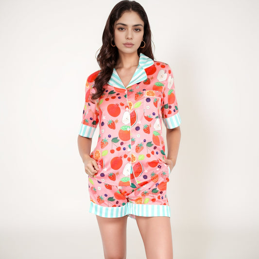 Colorful Fruit Print Pajama Set with Short Sleeve Button-Up Top and Striped Trim Shorts