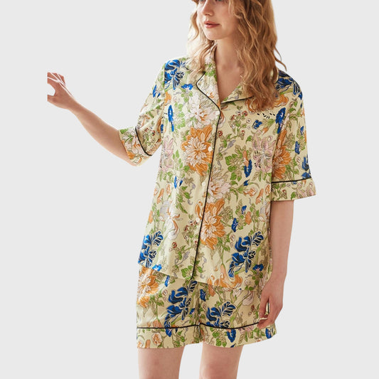 Short Sleeve Button Front Satin Pajama Set with Floral Print Design