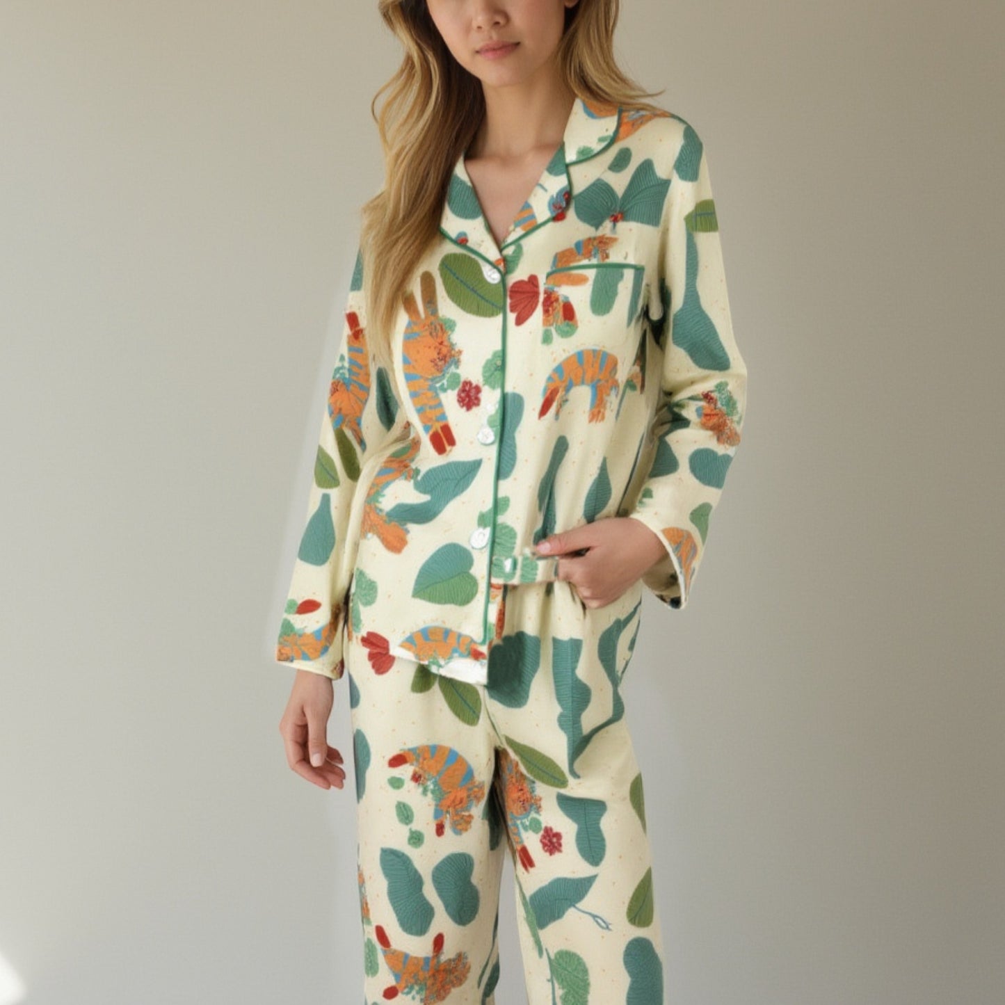 Lounge Women's Long Sleeve Button-Up Jungle Print Pajama Set with Chest Pocket and Matching Pants