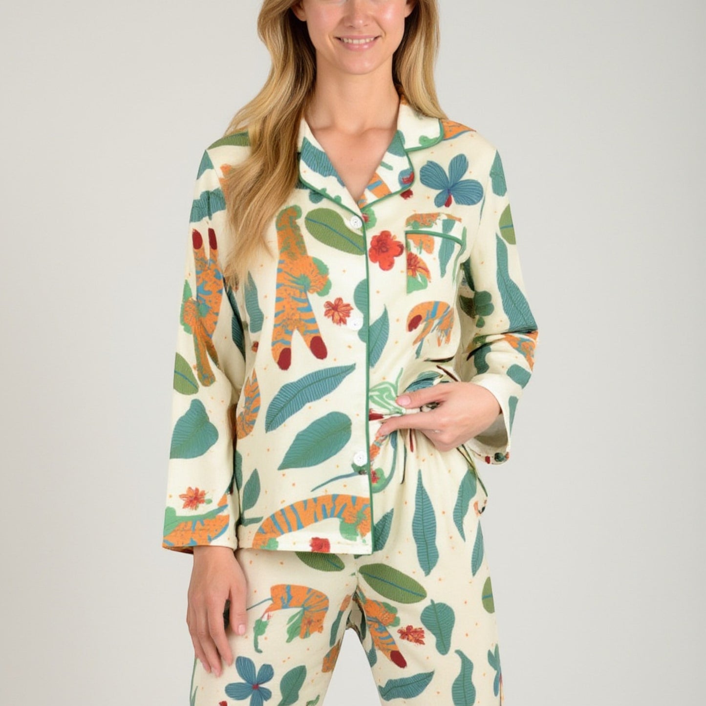 Lounge Women's Long Sleeve Button-Up Jungle Print Pajama Set with Chest Pocket and Matching Pants