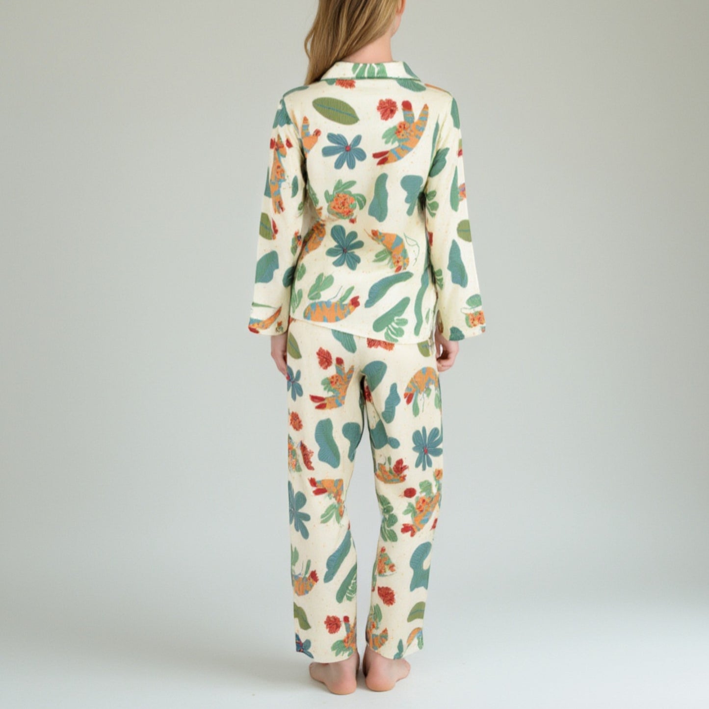 Lounge Women's Long Sleeve Button-Up Jungle Print Pajama Set with Chest Pocket and Matching Pants