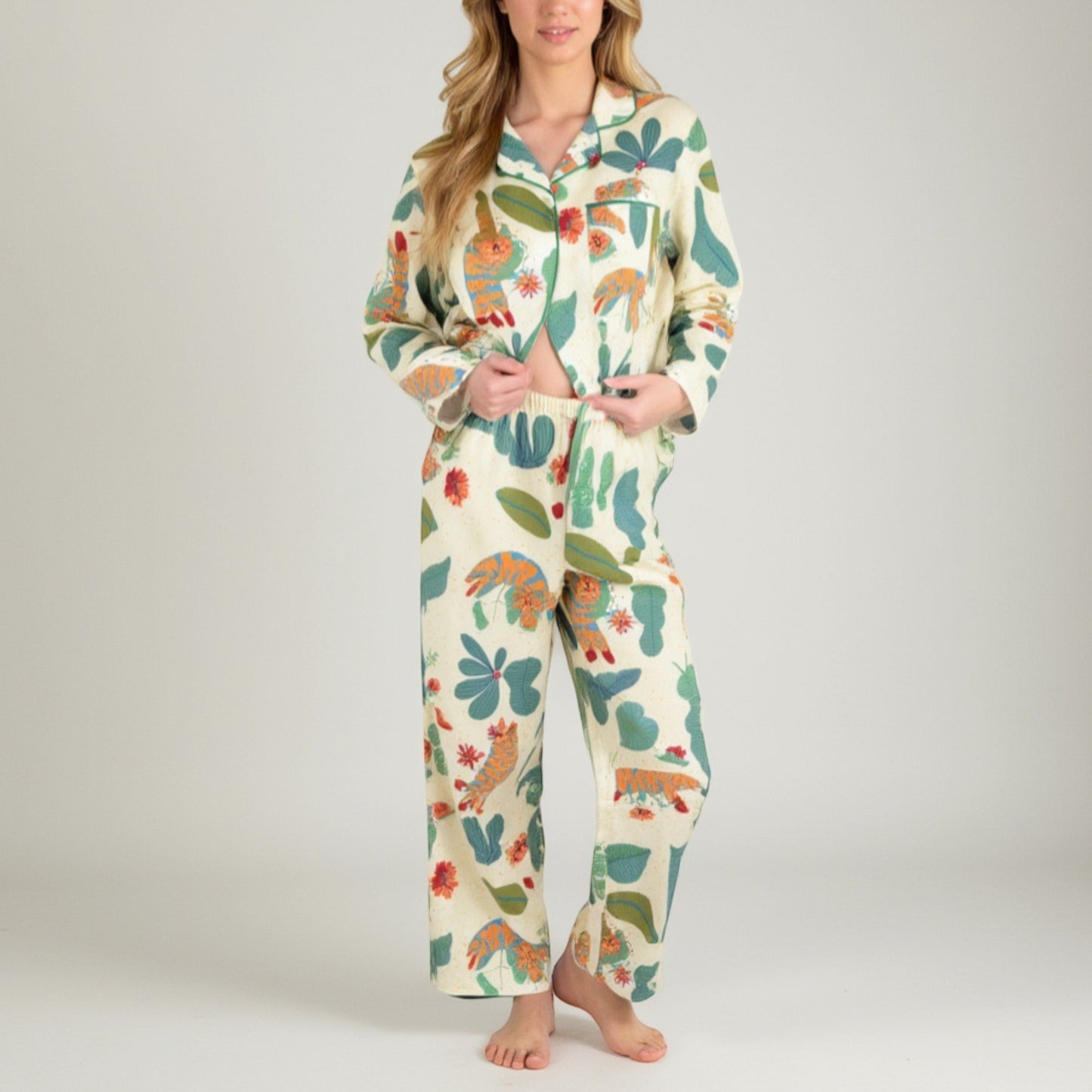 Lounge Women's Long Sleeve Button-Up Jungle Print Pajama Set with Chest Pocket and Matching Pants