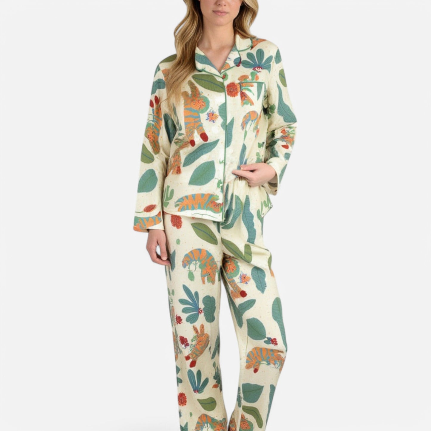Lounge Women's Long Sleeve Button-Up Jungle Print Pajama Set with Chest Pocket and Matching Pants