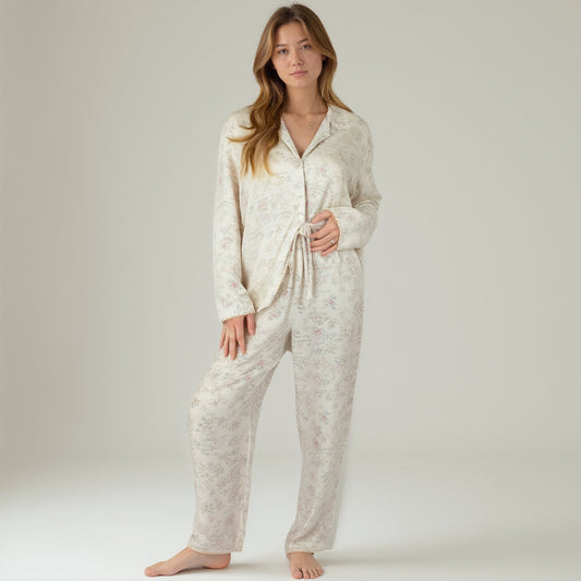 Lounge Women's Soft Brushed Pajama Set with Subtle Floral Print Long Sleeve Button-Up Top and Drawstring Pants