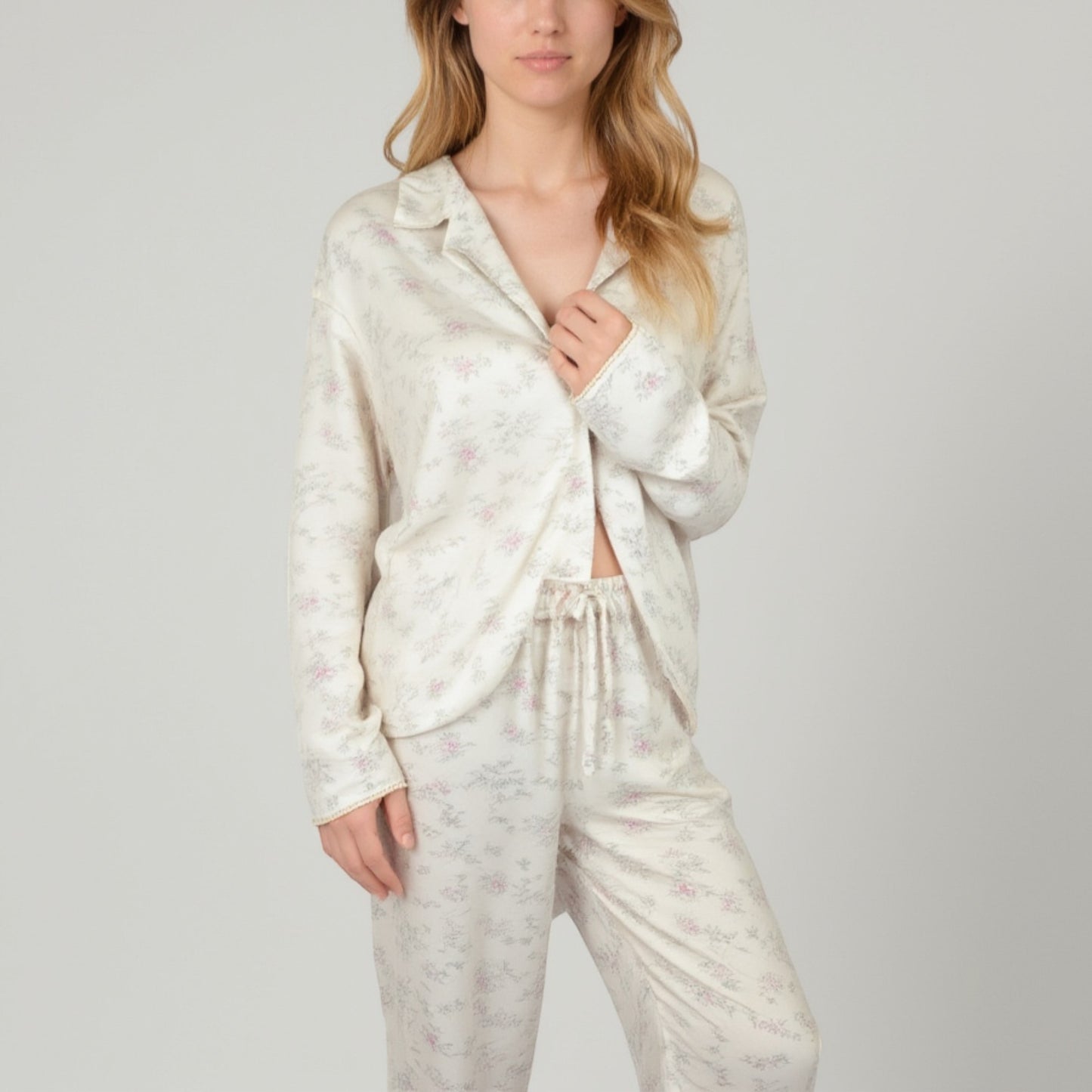 Lounge Women's Soft Brushed Pajama Set with Subtle Floral Print Long Sleeve Button-Up Top and Drawstring Pants
