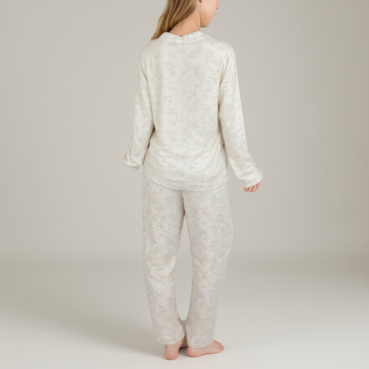 Lounge Women's Soft Brushed Pajama Set with Subtle Floral Print Long Sleeve Button-Up Top and Drawstring Pants