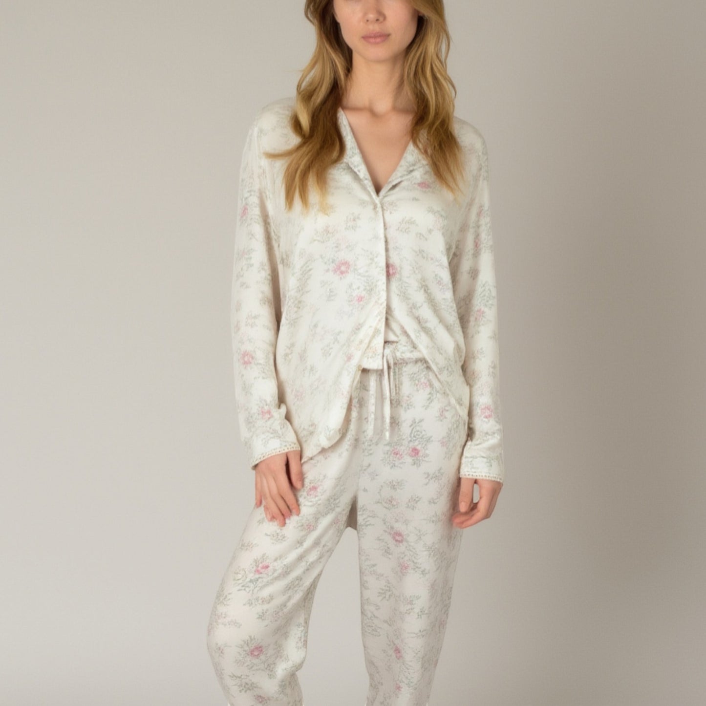 Lounge Women's Soft Brushed Pajama Set with Subtle Floral Print Long Sleeve Button-Up Top and Drawstring Pants