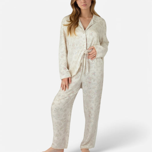 Lounge Women's Soft Brushed Pajama Set with Subtle Floral Print Long Sleeve Button-Up Top and Drawstring Pants