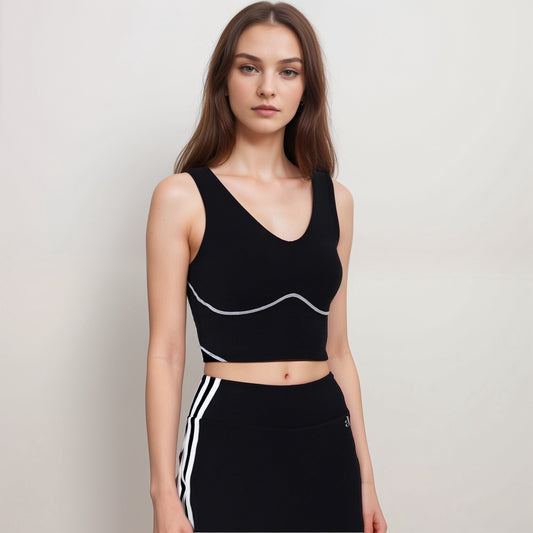 Active Women's Seamless V-Neck Crop Top with Contour Stitching and Contrast Piping Detail